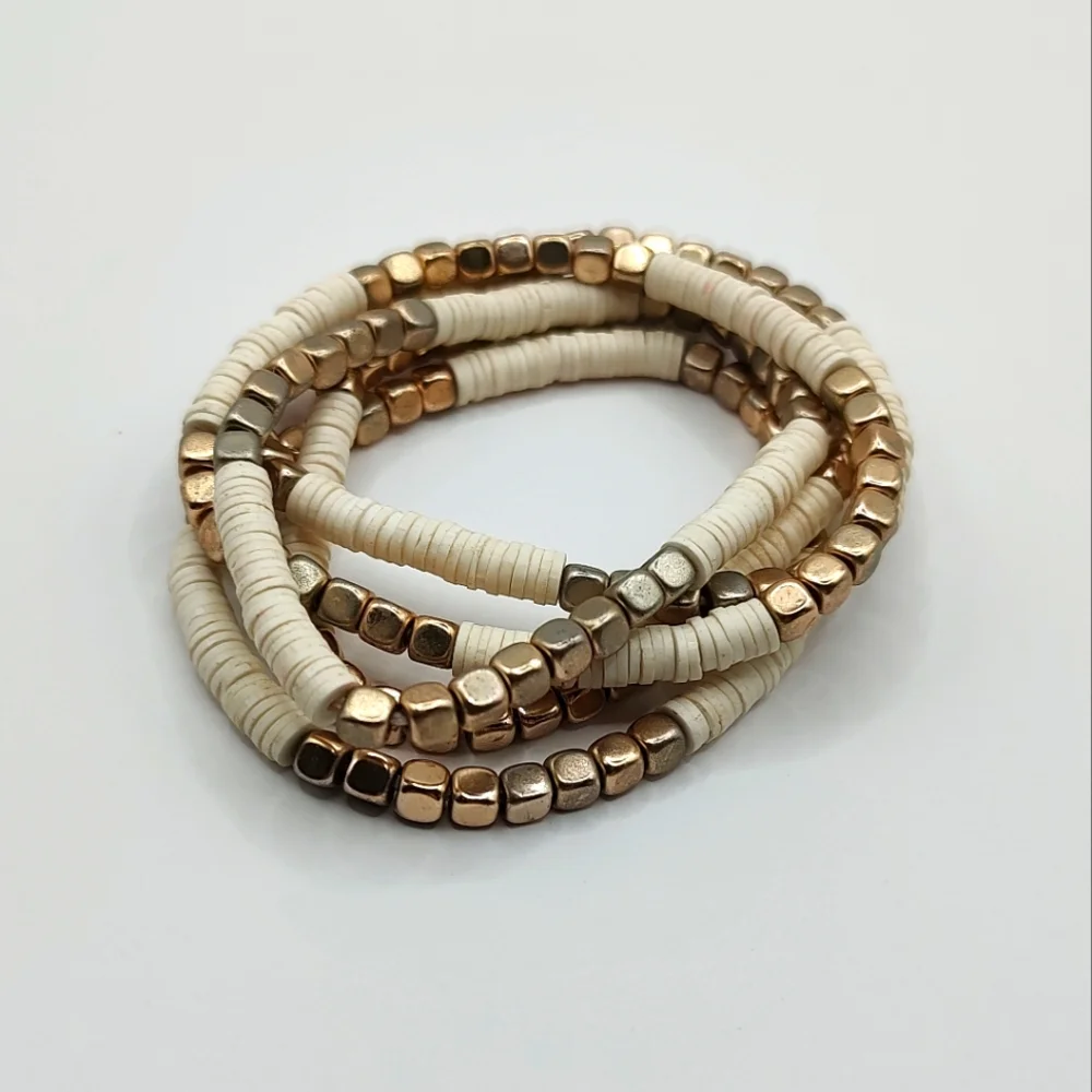 Gold and Cream Beaded Bracelet Set (4 Stretchy Boho Bracelets)